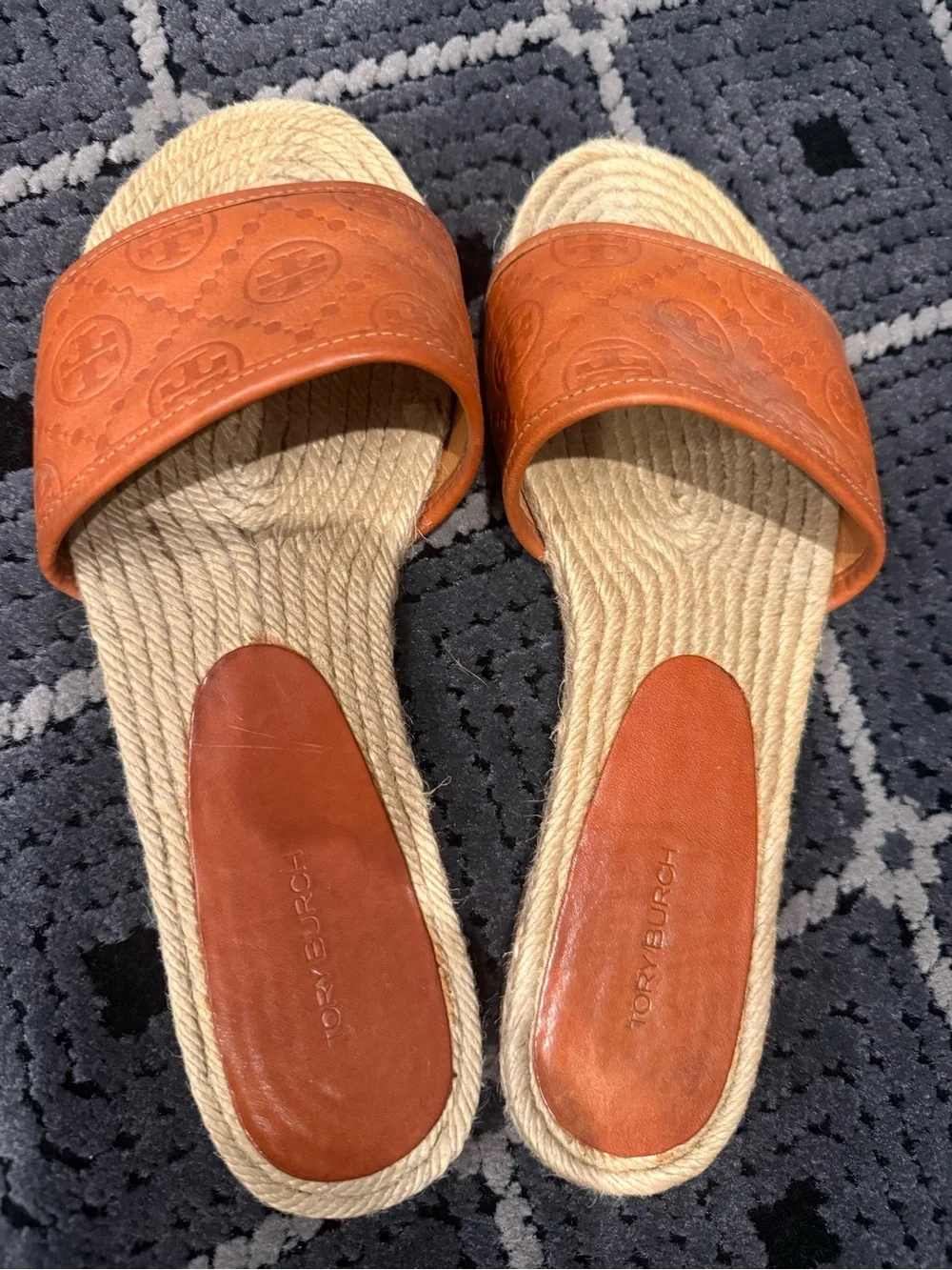 Tory Burch Tan Embossed Leather Slide Sandals with Rope Footbed